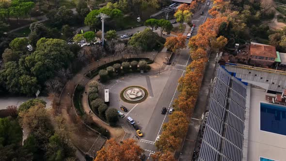 Aerial drone view of Montjuic hill streets in Barcelona. Sunny day. Spain