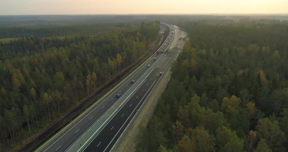 New Highway Road Construction Site Aerial View at Sunset in Early Morning