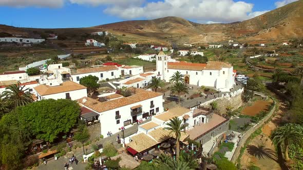 Aerial view of Betancuria village and its Santa Maria Church in Fuerteventura.