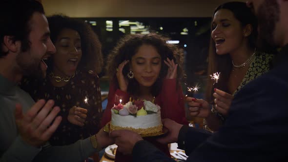 Birthday Girl Blowing Cake Burning Candles on Party