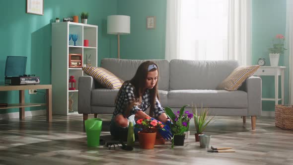 Young Woman Is Taking Care of Plants