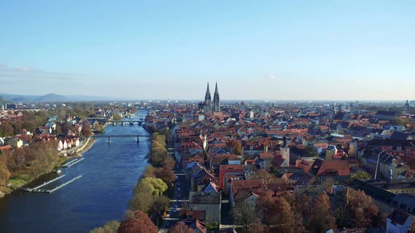 Beautiful drone video above downtown of bavarian Regensburg