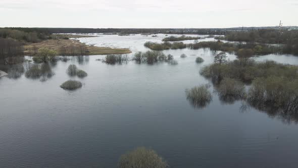 Spring Flood Bird'seye View Shore and Field Flooded