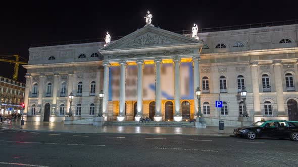 Traffic at Night at the Rossio Square in Front of the National Theater Dona Maria II Timelapse