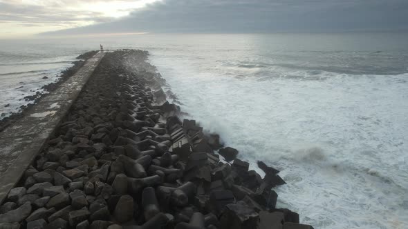 Storm at Sea, Winds, Big Waves Hit Lighthouse in Portugal