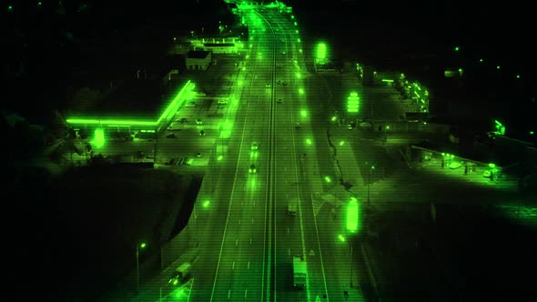 Night Vision From Drone on Highway at Night, Traffic Control