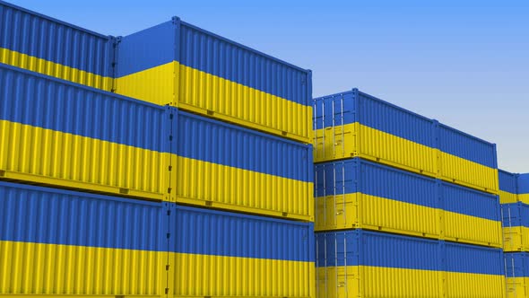 Container Yard Full of Containers with Flag of Ukraine