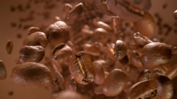 Super Slow Motion Detail Shot of Coffee Beans Falling Down on Brown Gradient Background at 1000Fps