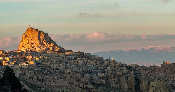 Day to Night Sunset Timelapse of Turkish Fortress Uchisar in the Cappadocia Turkey