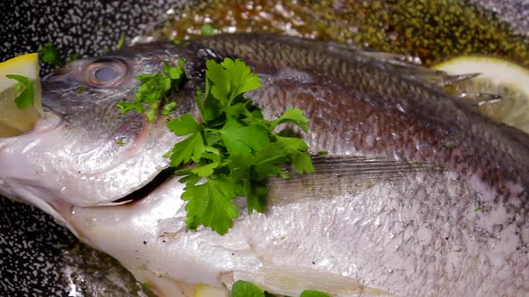 Pouring parsley on bream fish while cooking in a pan. Lemon and oil. Restaurant, home kitchen. Soft