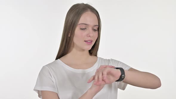Beautiful Young Woman Using Smartwatch, White Background