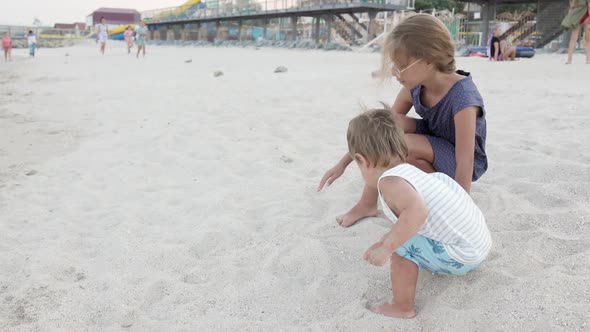 Girl Helping Her Little Brother to Look for Seashells in the Sand on the Coast