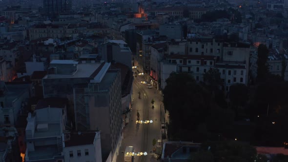 Taksim Empty Shopping Street in Istanbul with No People in Morning, Aerial Birds Eye Overhead Top