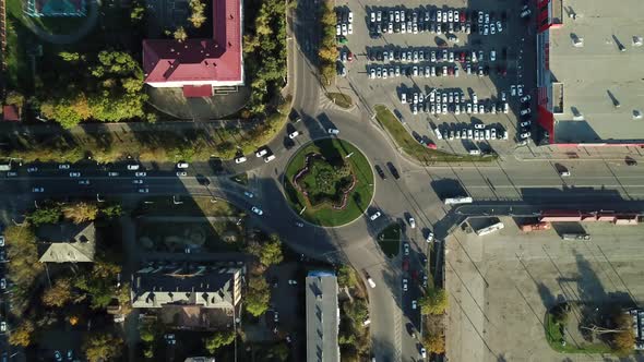 Drones Eye View Traffic Jam Top View Transportation Concept Roundabout Intersection Crossroad Aerial