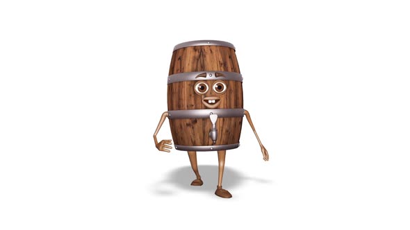 Cartoon Wooden Barrel Dancing Loop On White Background