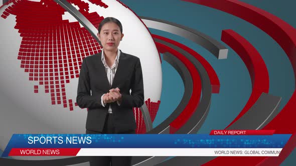 Live News Studio With Asian Professional Female Anchor Reporting On The Events Of The Day