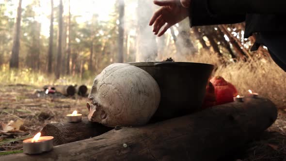 Woman Moves Her Hands Over the Kettle with Smoke Standing on the Log