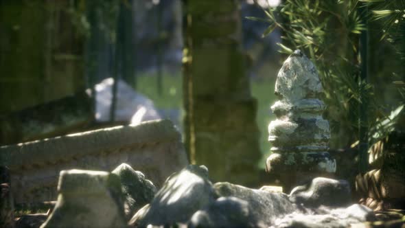 The Ruins of Ancient Buildings in Green Bamboo Forest alt