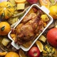 Roasted Turkey or Chicken with Thyme Served on Black Baking Dish with Potatoes Pumpkins - VideoHive Item for Sale