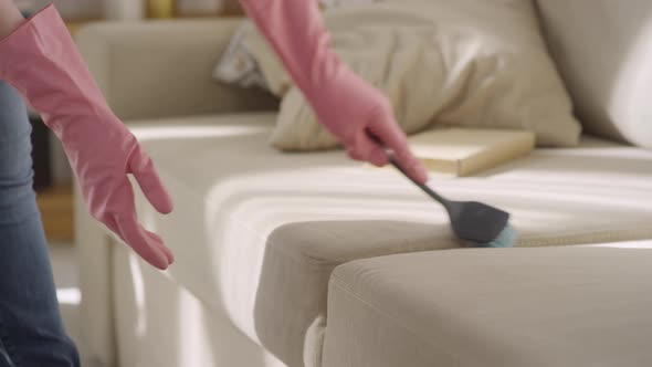 Close Up of Woman Cleaning Couch