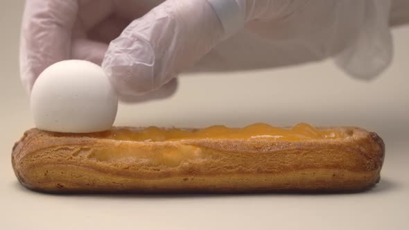 Confectioner Adds Cream Cheese Balls To the Eclair, Making Dessert with Mascarpone, Sweet Choux