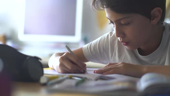 Boy writing on book