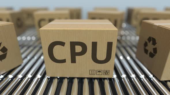 Cartons with Computer CPUs on Roller Conveyors