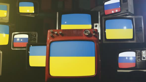 Ukraine and Russia Flags, Conflict Escalation on Retro TVs.