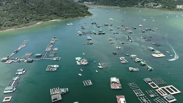 Sai Kung Fishing Rafts, Hong Kong, China, Aerial Drone View