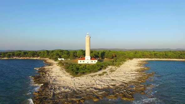 Aerial view of a lighthouse, Croatia with landscape in the background