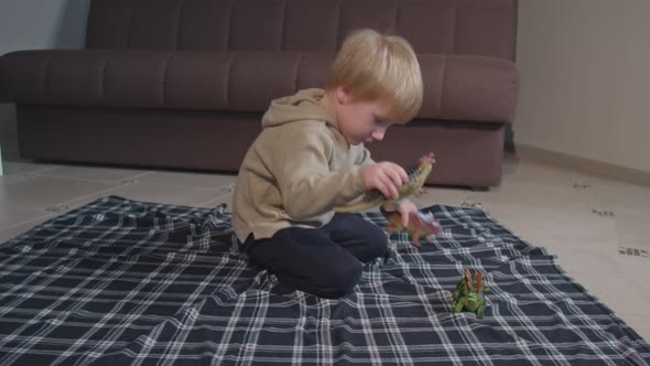 Blond Toddler Child Playing with Dinosaurs at Home