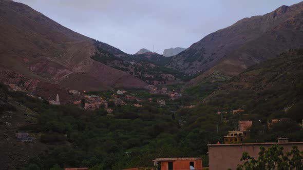 Imlil valley in Moroccan High Atlas mountains, detail to wide angle, zoom out shot