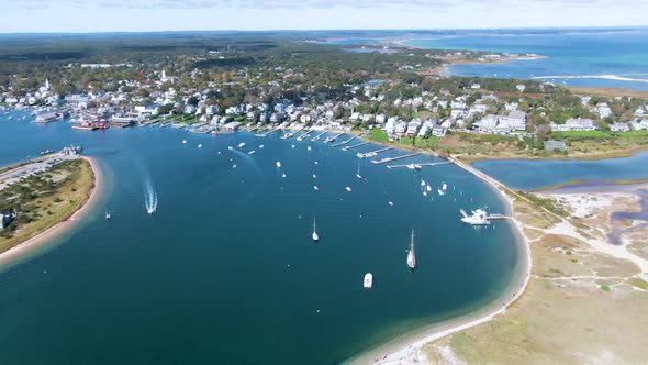 Scenic View Of Edgartown Harbor On A Beautiful Day In Dukes County, Massachusets - aerial shot