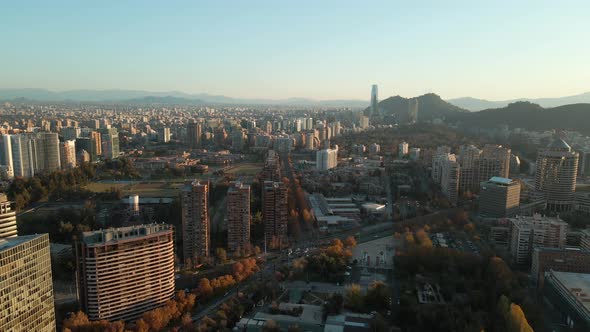 Modern Buildings At Nueva Las Condes Near Araucano Park, Santiago, Chile - aerial drone shot