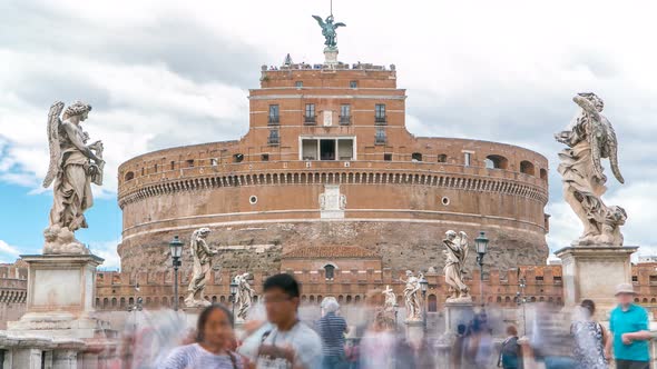 Saint Angel Castle Castel Sant Angelo and Bridge Ponte Sant Angelo Over the Tiber River Timelapse