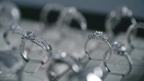 Silver Rings with Diamond on Showcase Display