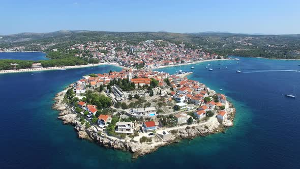 Aerial view of famous croatian touristic destination, town of Primosten, Croatia