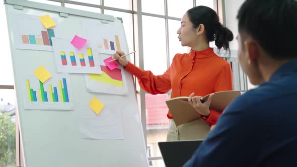 Young Woman Explains Business Data on White Board