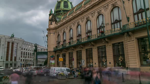 View of Municipal House and Their Art Nouveau Facades Timelapse in Prague Czech Republic