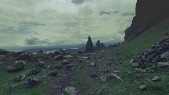 Stormy clouds over Old Man of Storr in Scotland, UK