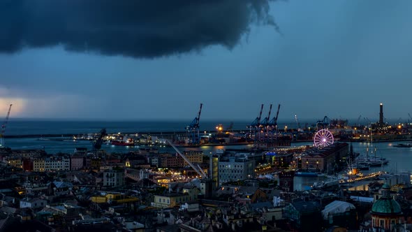 Evening Timelapse of Genoa Port with Thunderstorm, Italy