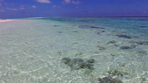 Empty panorama of tropical island beach by blue ocean with sand background near waves