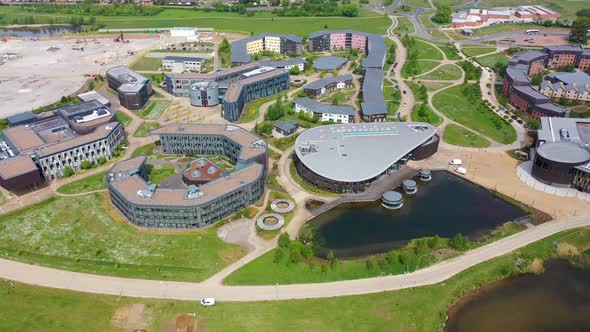 Aerial footage of the large university buildings known as Constantine College in the City of York UK