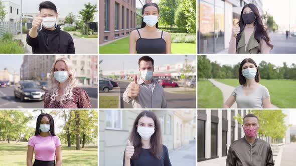 Compilation  Group of Nine Multicultural People with Face Mask Shows a Thumb Up to the Camera