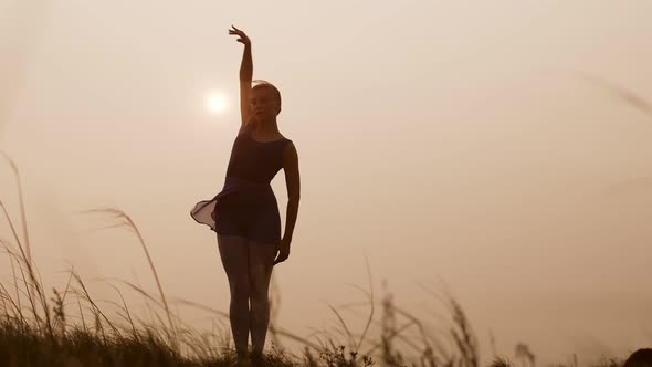 Young female dancer performs an exercise with hands background sky, front view. Ballerina is engaged