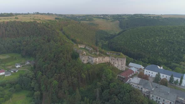 Aerial view of hills and ruins