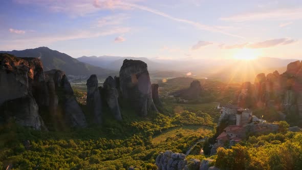 Meteora Monasteries in Greece on Sunset