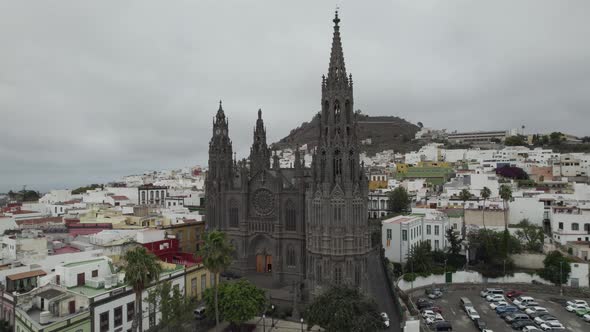 Neo-Gothic cathedral in Parroquia de San Juan Bautista de Arucas, Arucas, Gran Canaria, Spain. Aeria