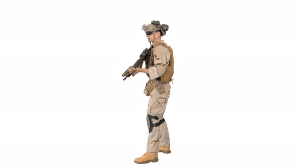 Soldier Aiming with an Assault Rifle on White Background