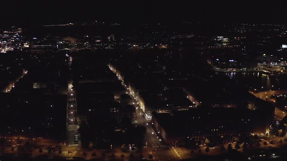 Aerial, tracking, drone shot, panning over buildings and streets, in the Kruununhaka cityscape, reve